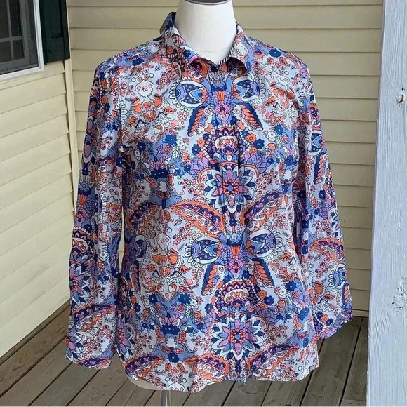 Talbots Classic Cotton Shirt Button Up Royal Palm Paisley Print Size XL Blouse - Picture 2 of 9
